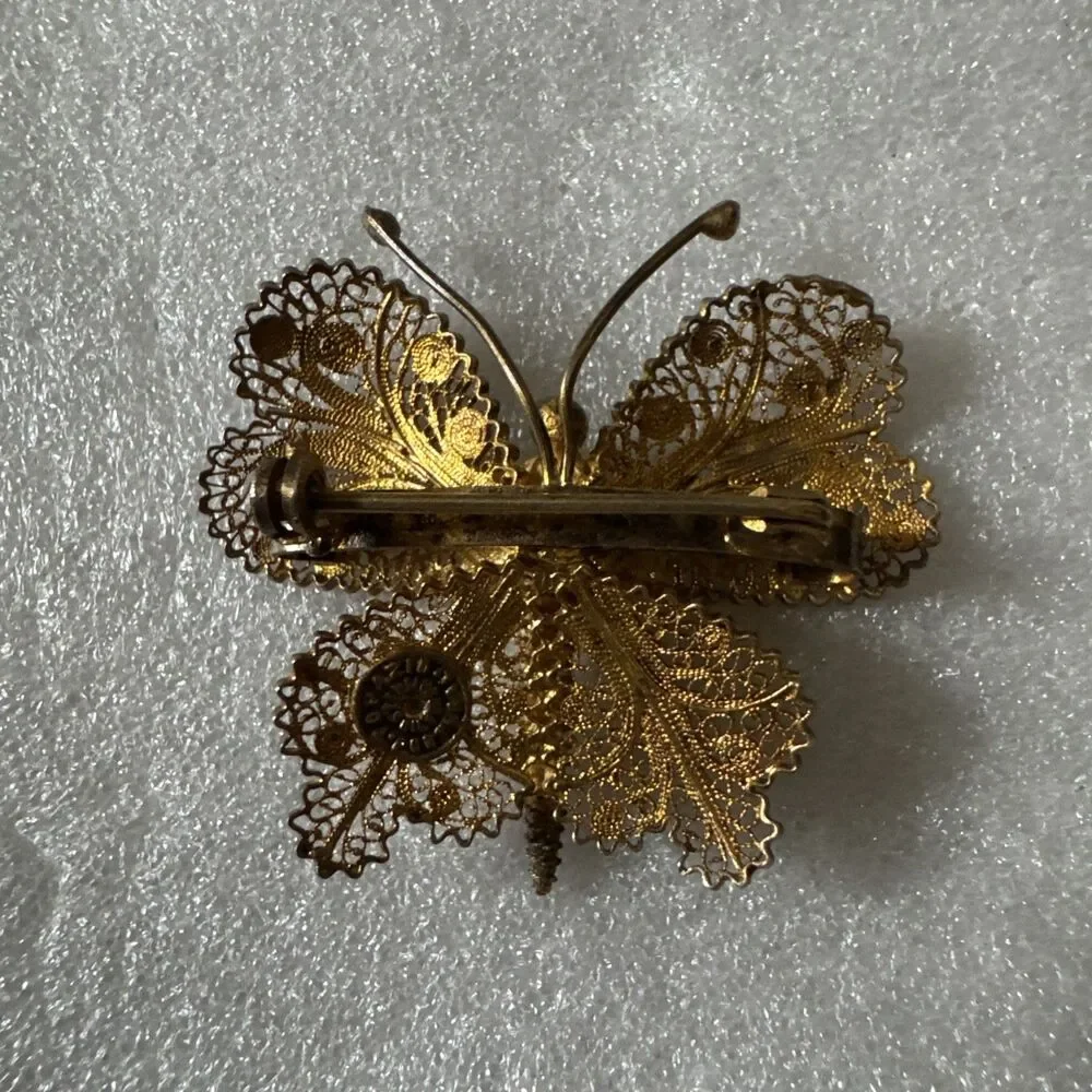 Antique Filigree Gold Tone 1.5” Butterfly Brooch